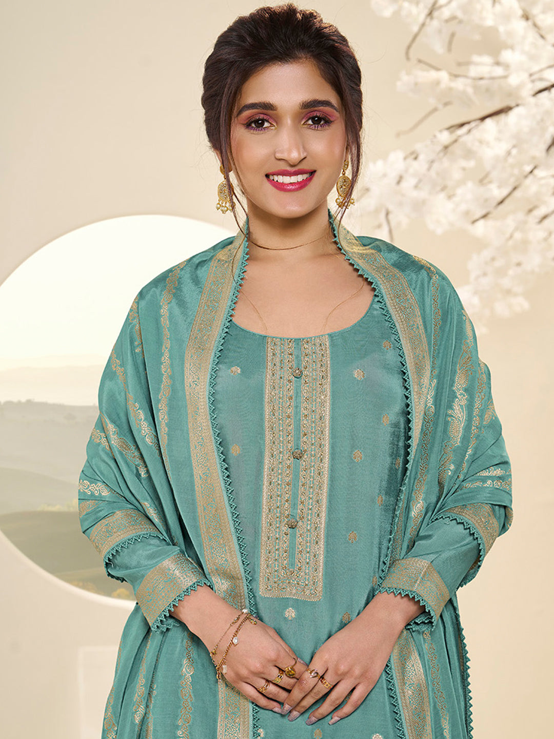 Sea Green Muslin Jacquard Kurta Suit Set with Champagne Thread Weave & Pencil Sketch Weave Yoke Product vendor