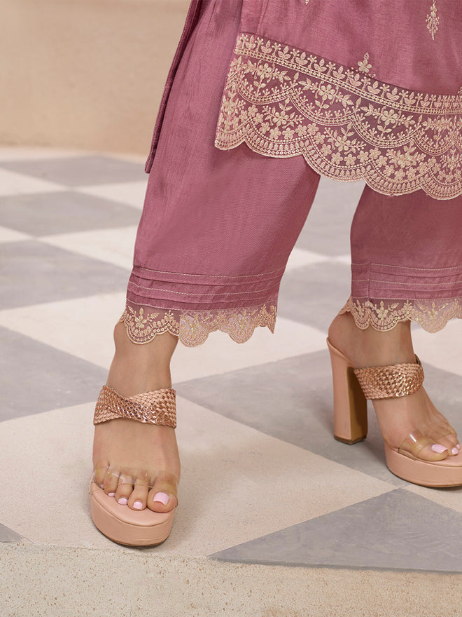 Dusty Rose Cutwork Neckline Dola Silk Kurta Suit Set with Lehariya Print Dupatta