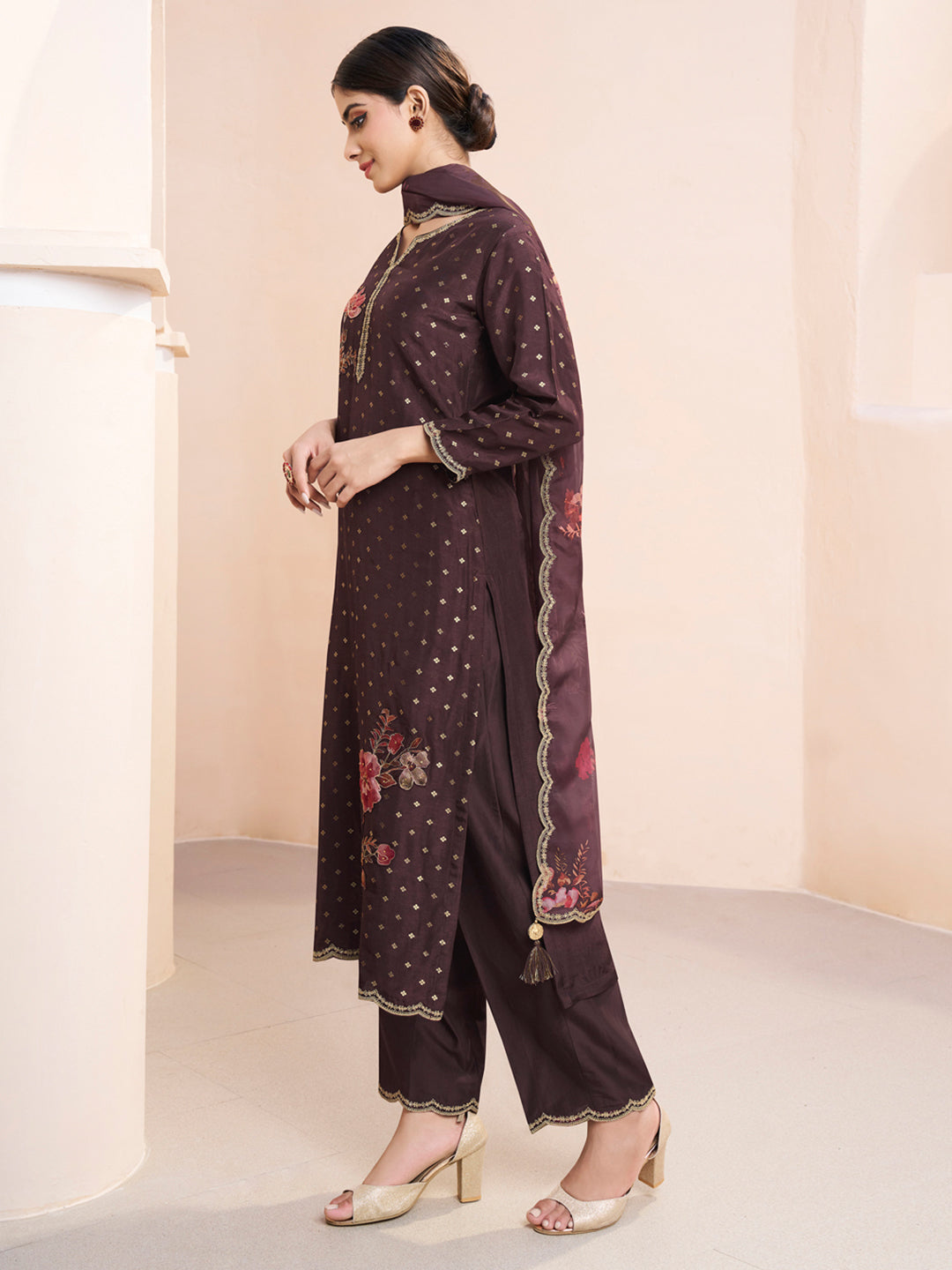 Seal Brown Applique Jacquard Kurta with Floral Print Dupatta Product vendor