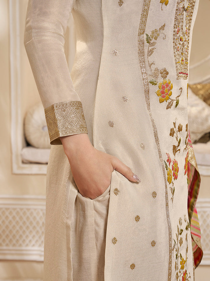 Cream Tissue Silk Meena Jacquard Designer Panel Work Kurta Suit Set Product vendor