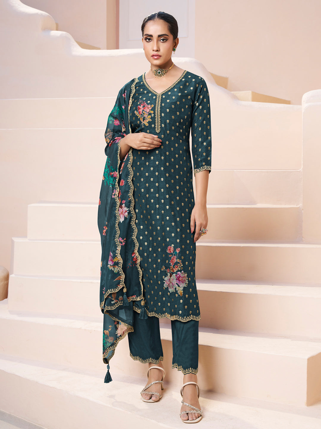 Dark Teal Green Applique Jacquard Kurta with Floral Print Dupatta Product vendor