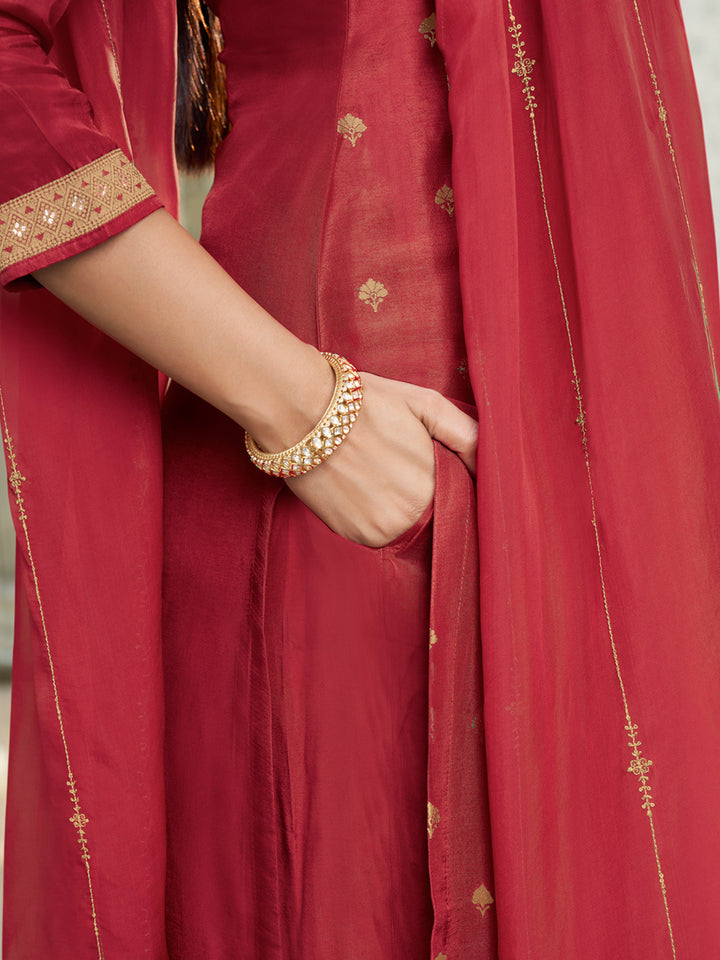 Scarlet Red Rose Exquisite Placement-Weaving Kurta Suit Set Product vendor