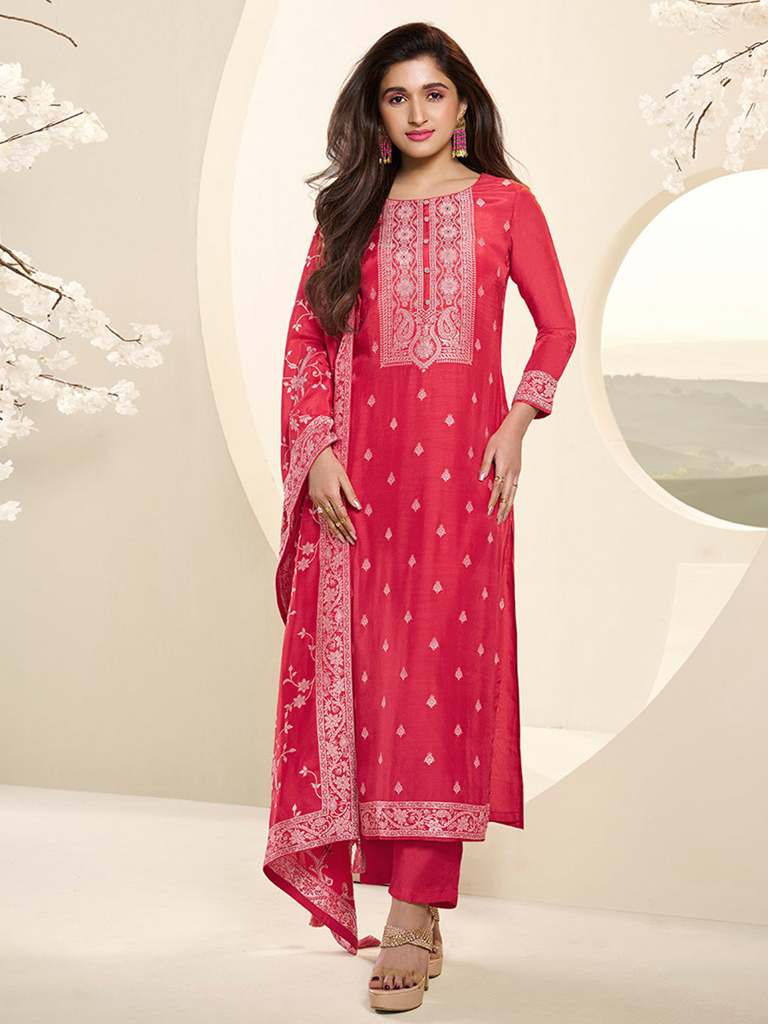 Muslin Jacquard Kurta Suit Set with White Thread Weave with Handcrafted Buttons Product vendor