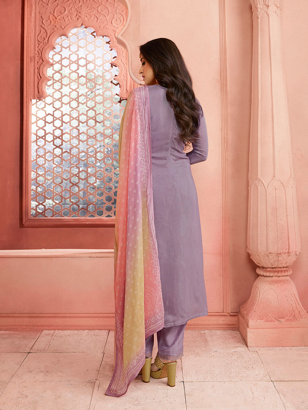 Lilac Full Jaal Thread Embroidery kurta Suit set with Bandhni Print Gradient Dupatta Product vendor