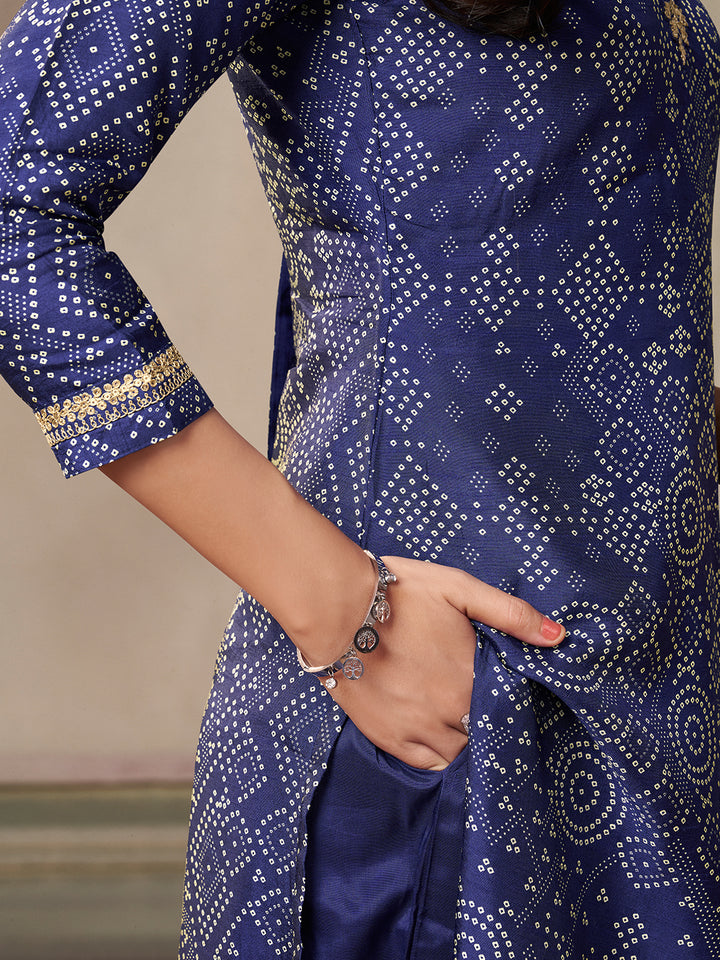 Royal Blue Kurta Set in Dola Bandhni Printed with Embroidery