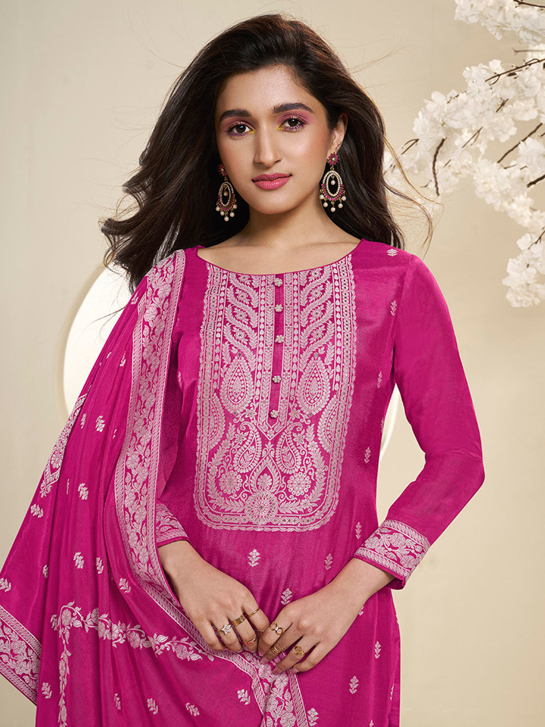 Muslin Jacquard Kurta Suit Set with White Thread Weave with Handcrafted Buttons Product vendor
