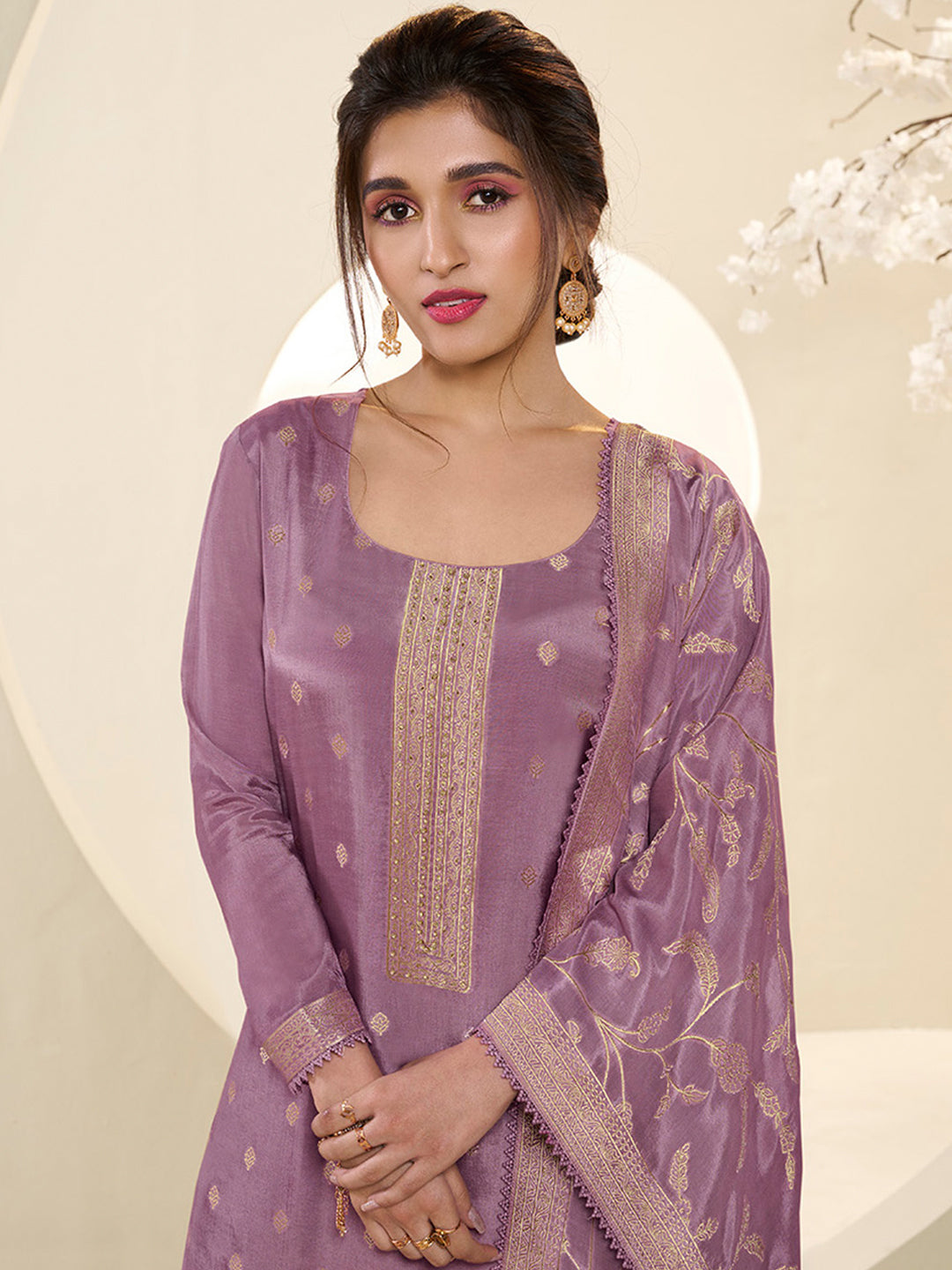 Wisteris Purple Muslin Jacquard Kurta Suit Set with Champagne Thread Weave & Pencil Sketch Weave Yoke Product vendor