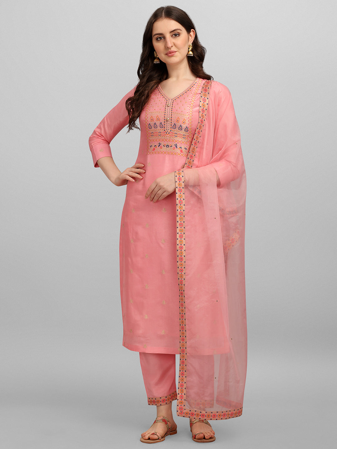 Peachish Pink Meena Jacquard Kurta Suit Set Product vendor