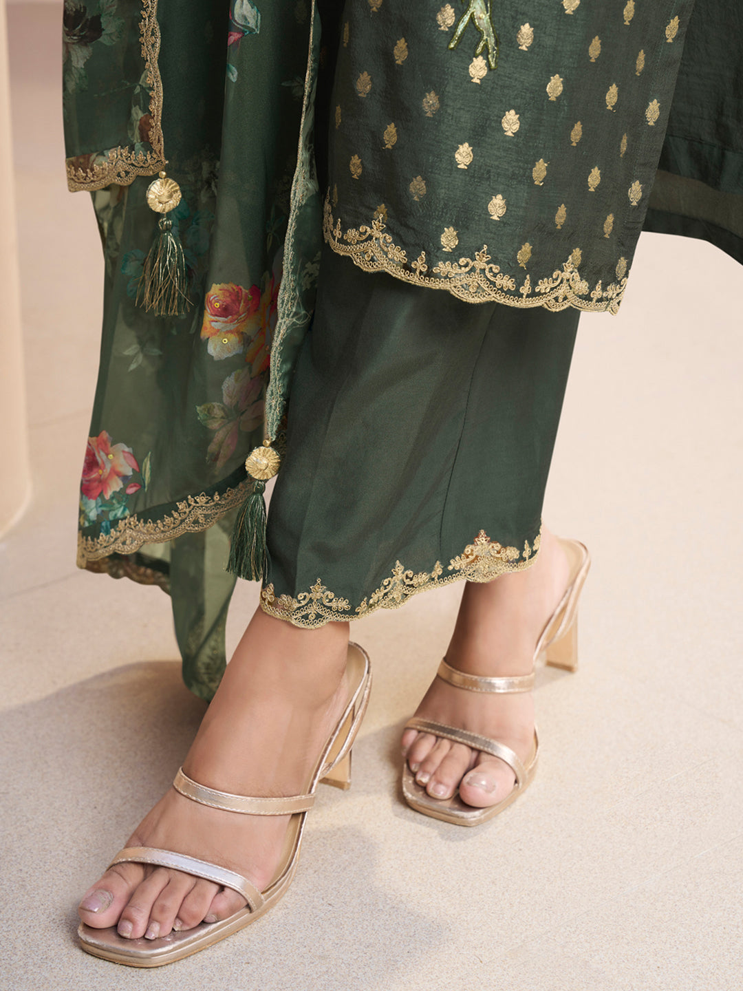 Dark Olive Green Applique Jacquard Kurta with Floral Print Dupatta Product vendor