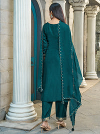 Dark Teal Green Placement-Weave Dola Silk Kurta Suit Set