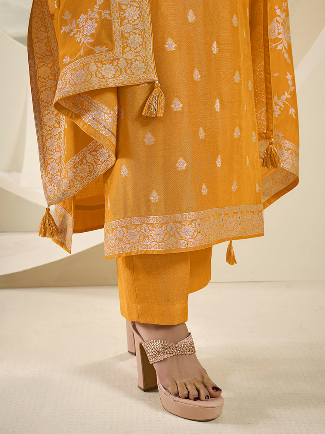 Muslin Jacquard Kurta Suit Set with White Thread Weave with Handcrafted Buttons Product vendor