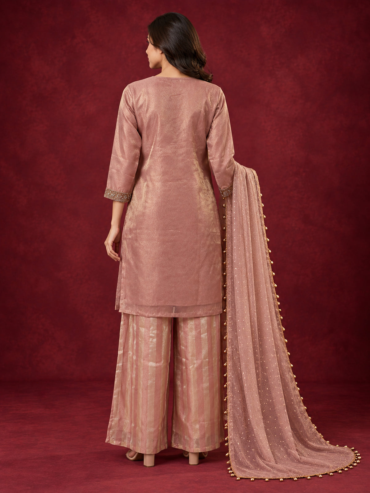 Dusty Rose Embroidered Pure Silk Palazzo Suit Set