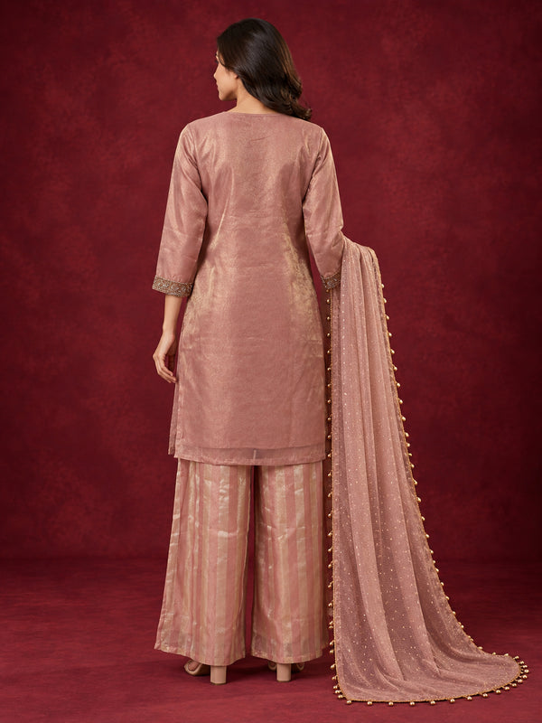 Dusty Rose Embroidered Pure Silk Palazzo Suit Set
