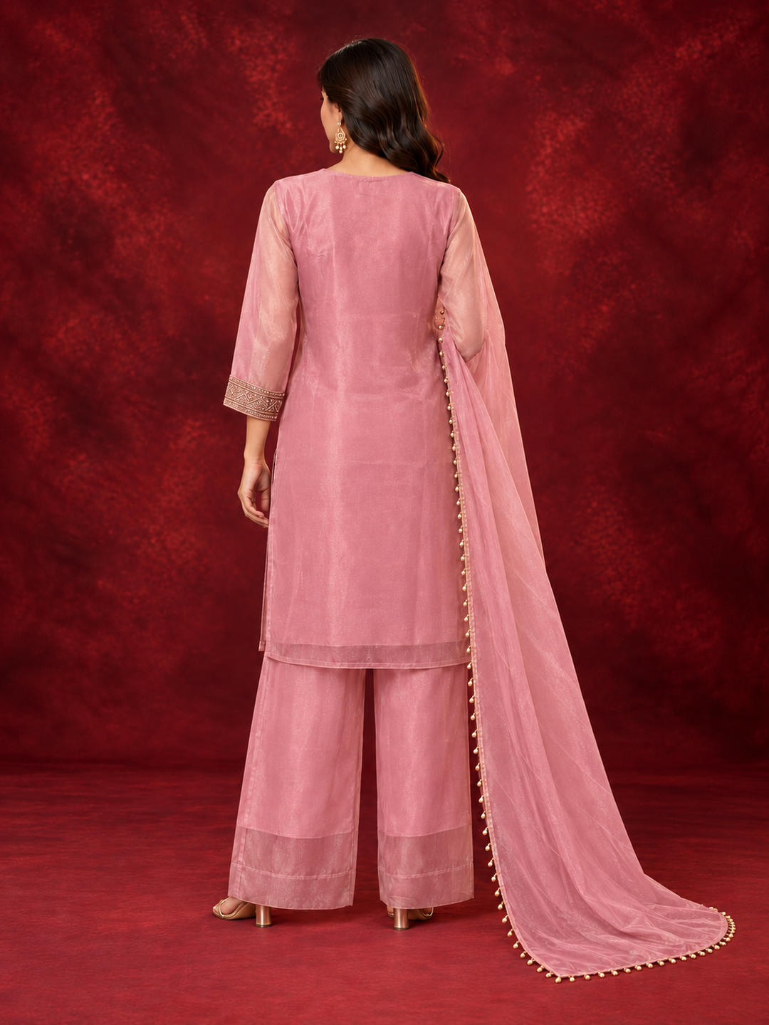 Dusty Pink Embroidered Pure Silk Palazzo Suit Set