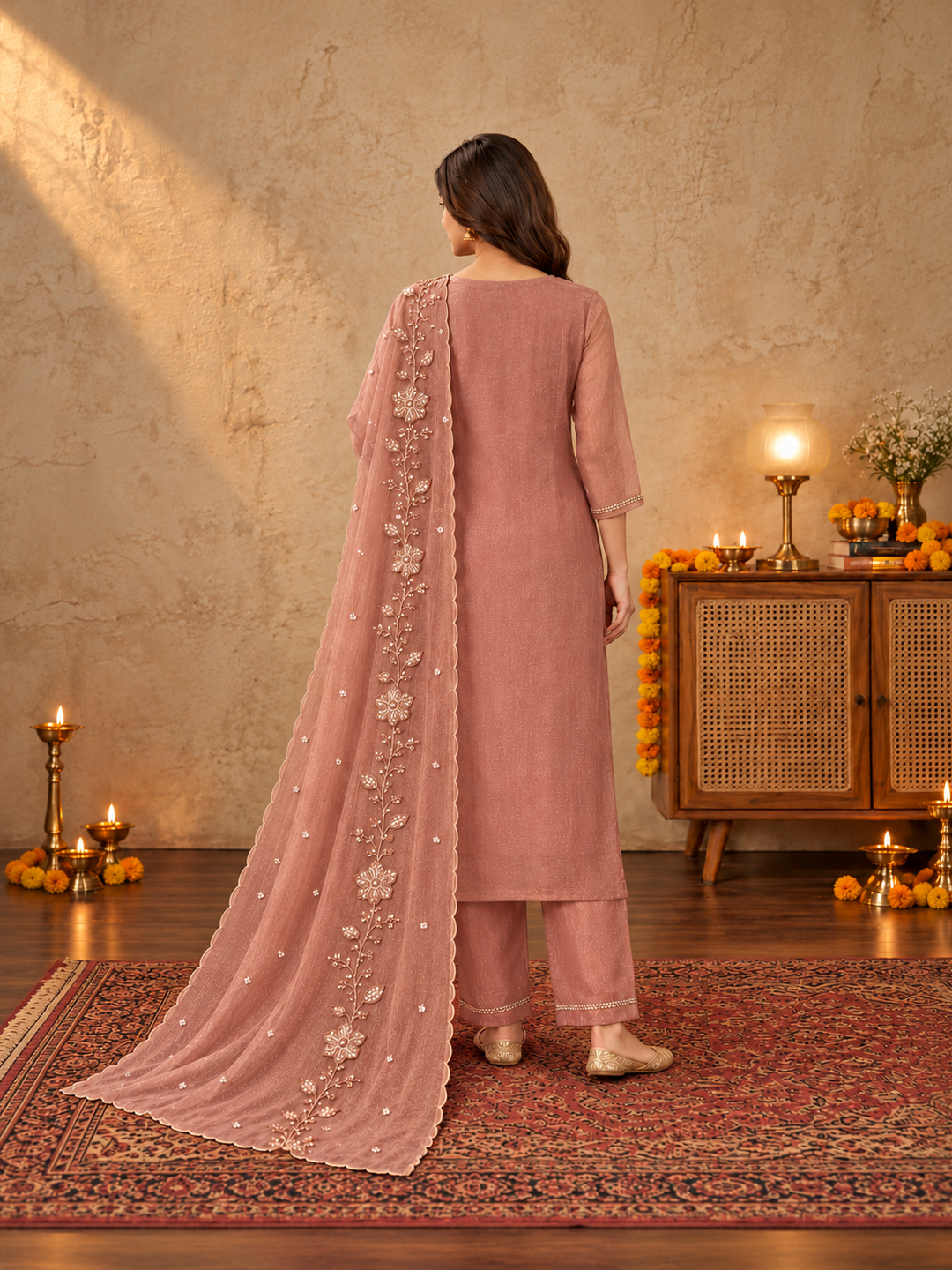 Dusty Rose Poly Silk Embroidered Kurta Palazzo Set with Dupatta