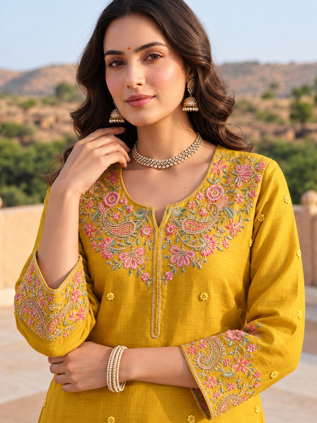 Mustard Mul Chanderi Embroidered Kurta Set