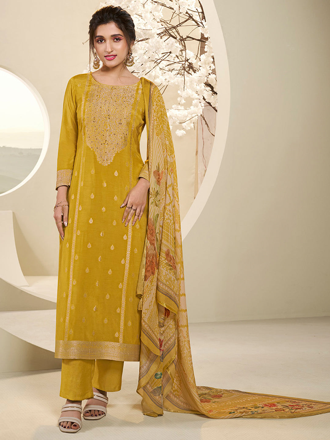 Muslin Jacquard Kurta Suit Set with Pencil Sketch Weave Handwork on Yoke Product vendor