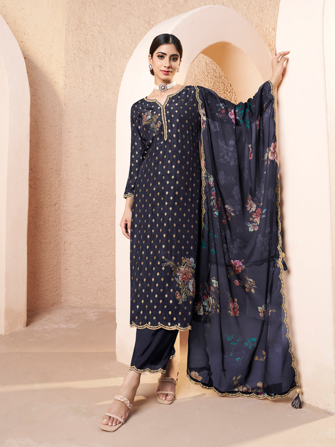 Dark Blue Black Applique Jacquard Kurta with Floral Print Dupatta Product vendor