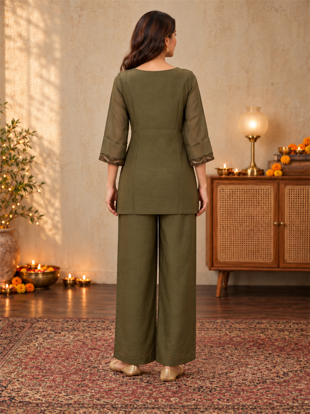 Olive Green Mul Chanderi Embroidered Kurta Palazzo Set