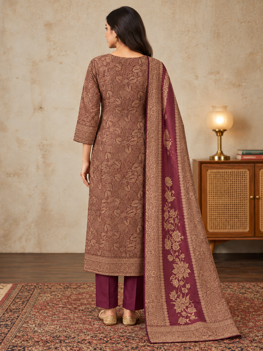 Wine Silk Blend Printed Kurta Pant Set with Dupatta