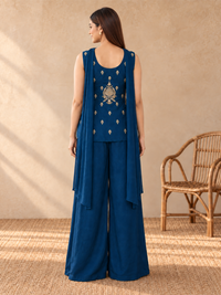 Royal Blue Pure Silk Embroidered Indo-Western Sharara Set