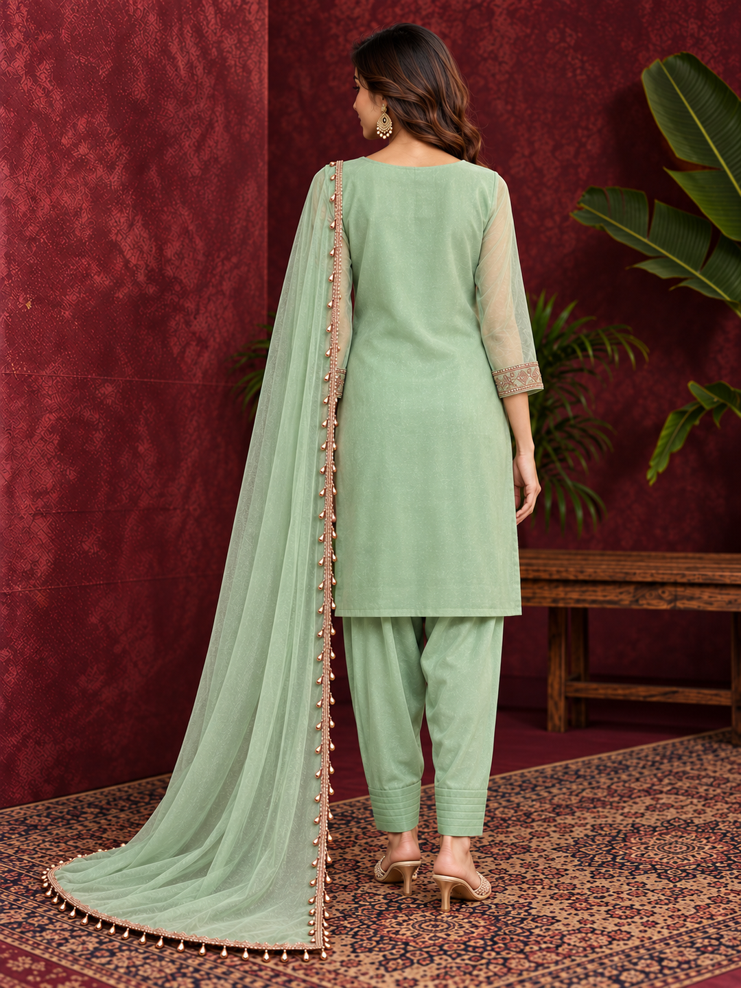 Sea Green Pure Silk Embroidered Suit Set with Dhoti and Dupatta