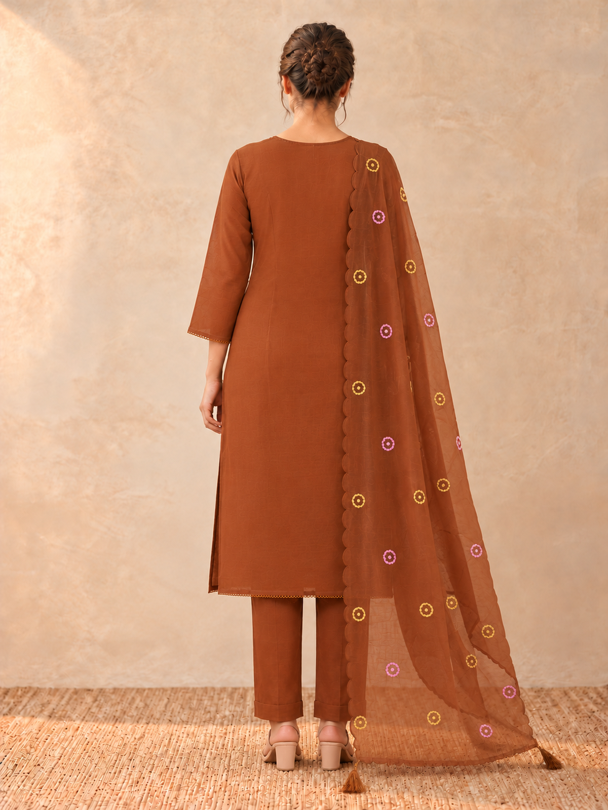 Rust Brown Floral Embroidered Mul Chanderi Kurta Set with Dupatta