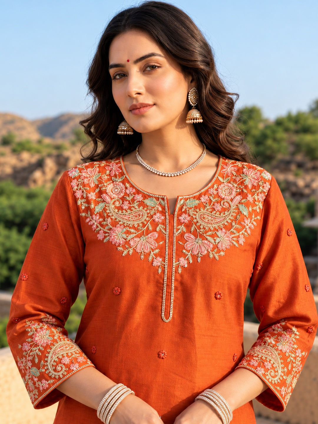 Rust Orange Mul Chanderi Embroidered Kurta Set