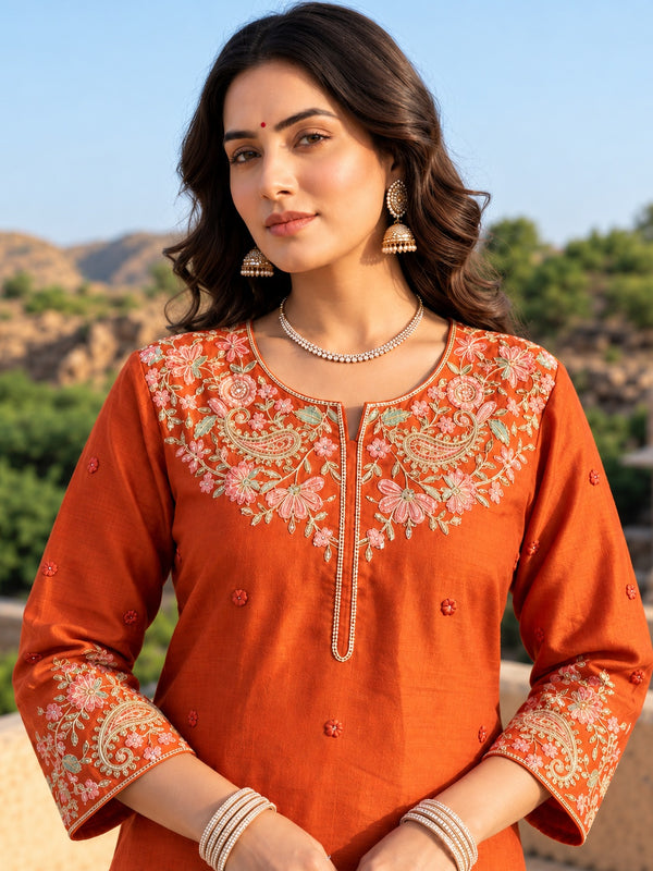 Rust Orange Mul Chanderi Embroidered Kurta Set