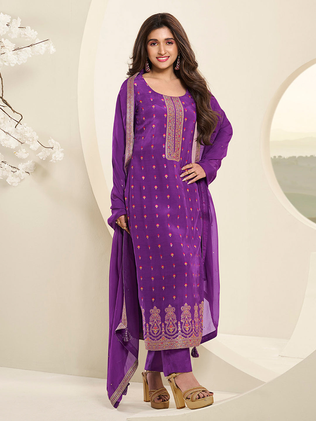 Midnight Purple Muslin Jacquard Kurta Suit Set with Multi Contrast Thread Weave & Paisley Pattern Daman Product vendor