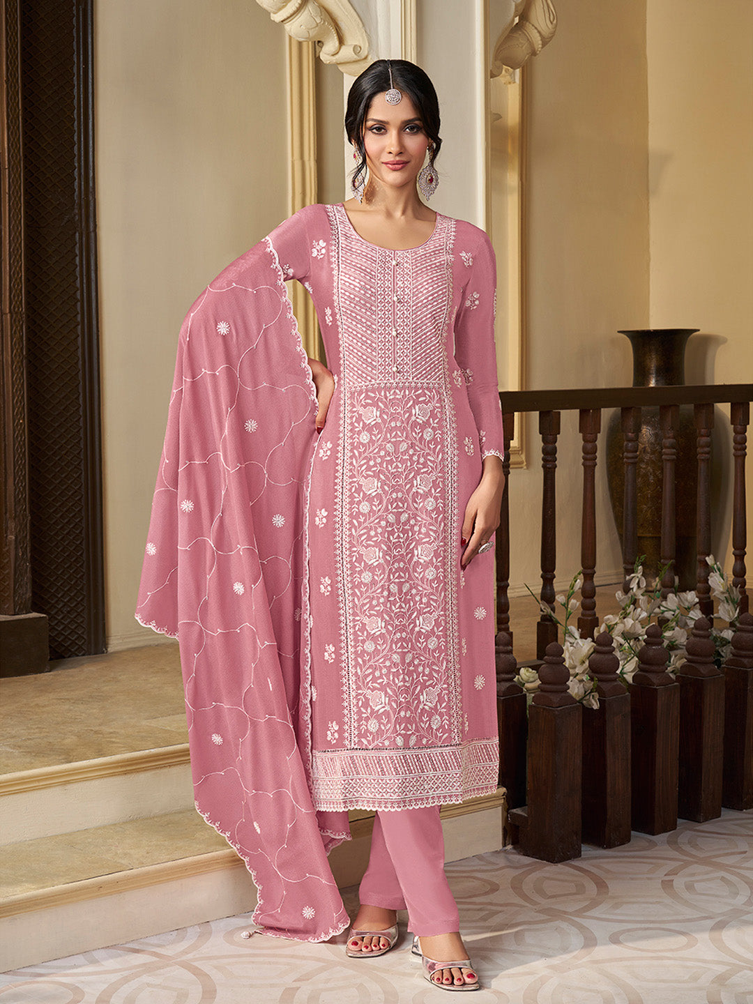 Peach Chinon Top with Thread Embroidery and Kurta Suit Set