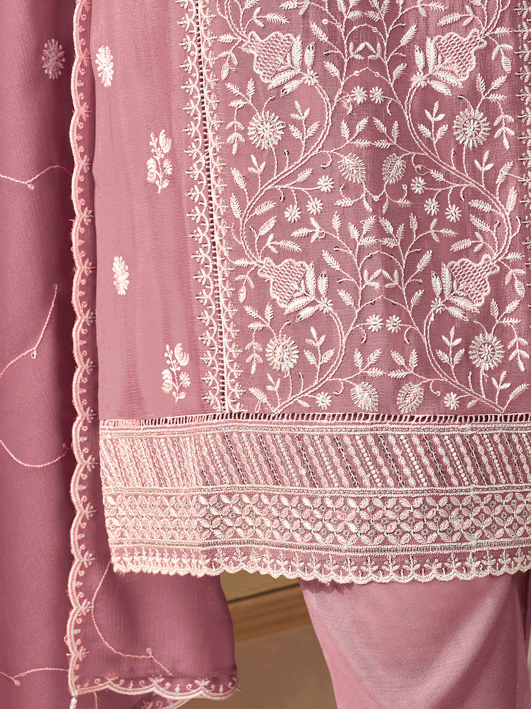 Peach Chinon Top with Thread Embroidery and Kurta Suit Set