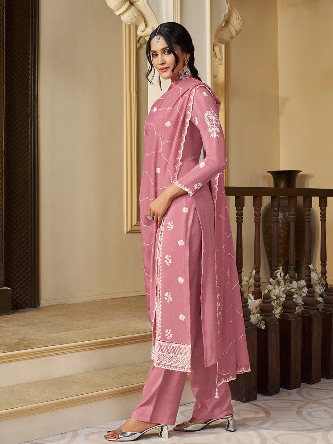 Peach Chinon Top with Thread Embroidery and Kurta Suit Set