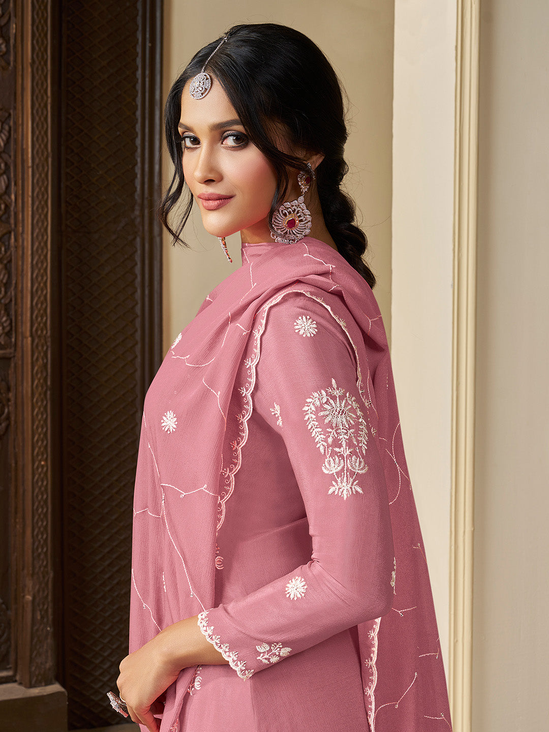 Peach Chinon Top with Thread Embroidery and Kurta Suit Set