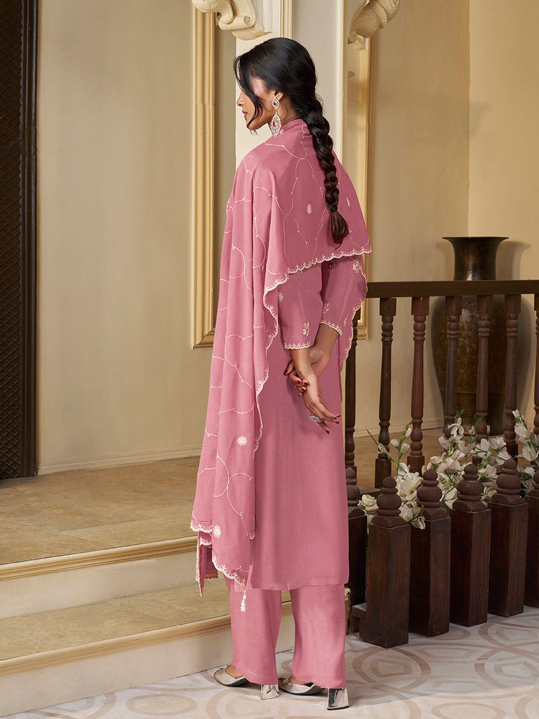 Peach Chinon Top with Thread Embroidery and Kurta Suit Set
