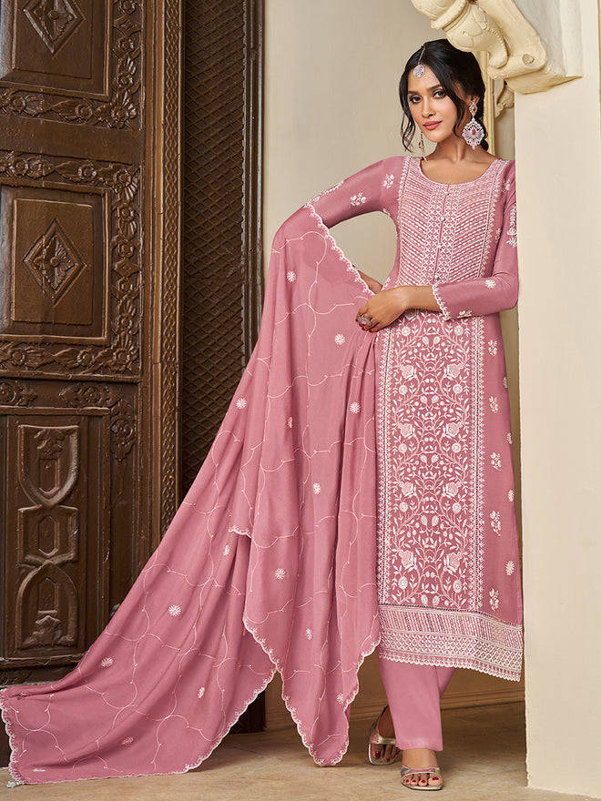 Peach Chinon Top with Thread Embroidery and Kurta Suit Set