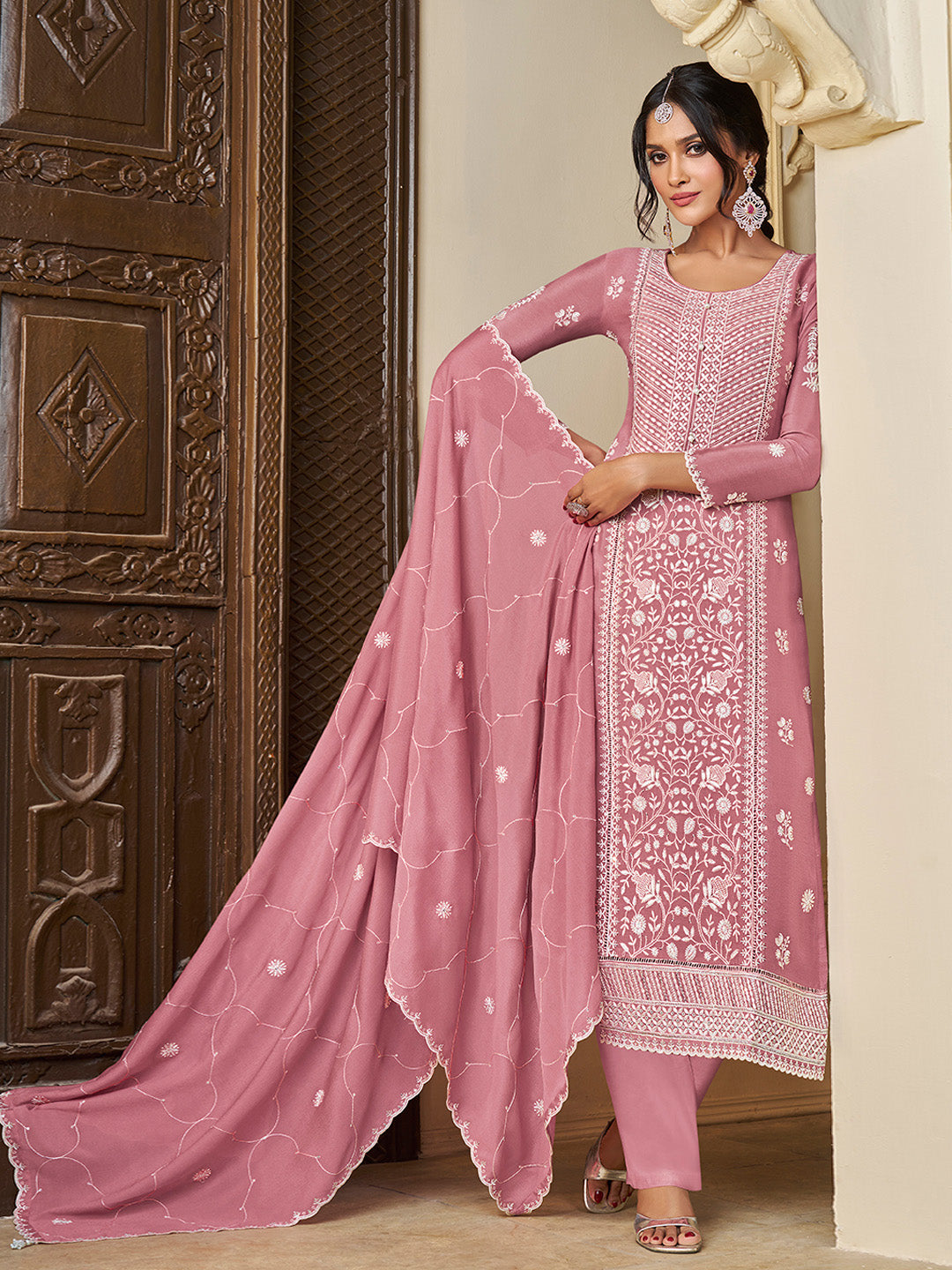 Peach Chinon Top with Thread Embroidery and Kurta Suit Set