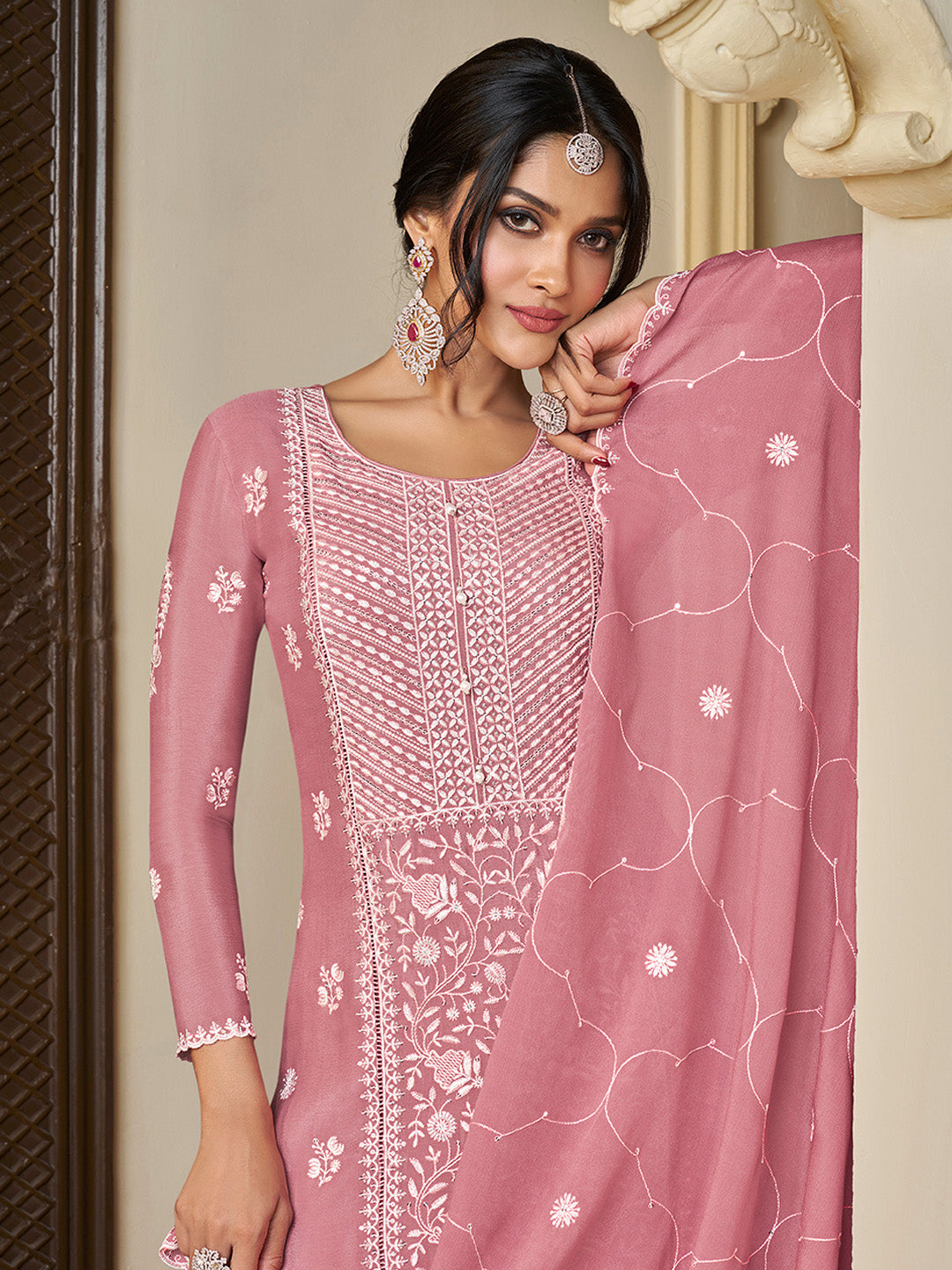 Peach Chinon Top with Thread Embroidery and Kurta Suit Set