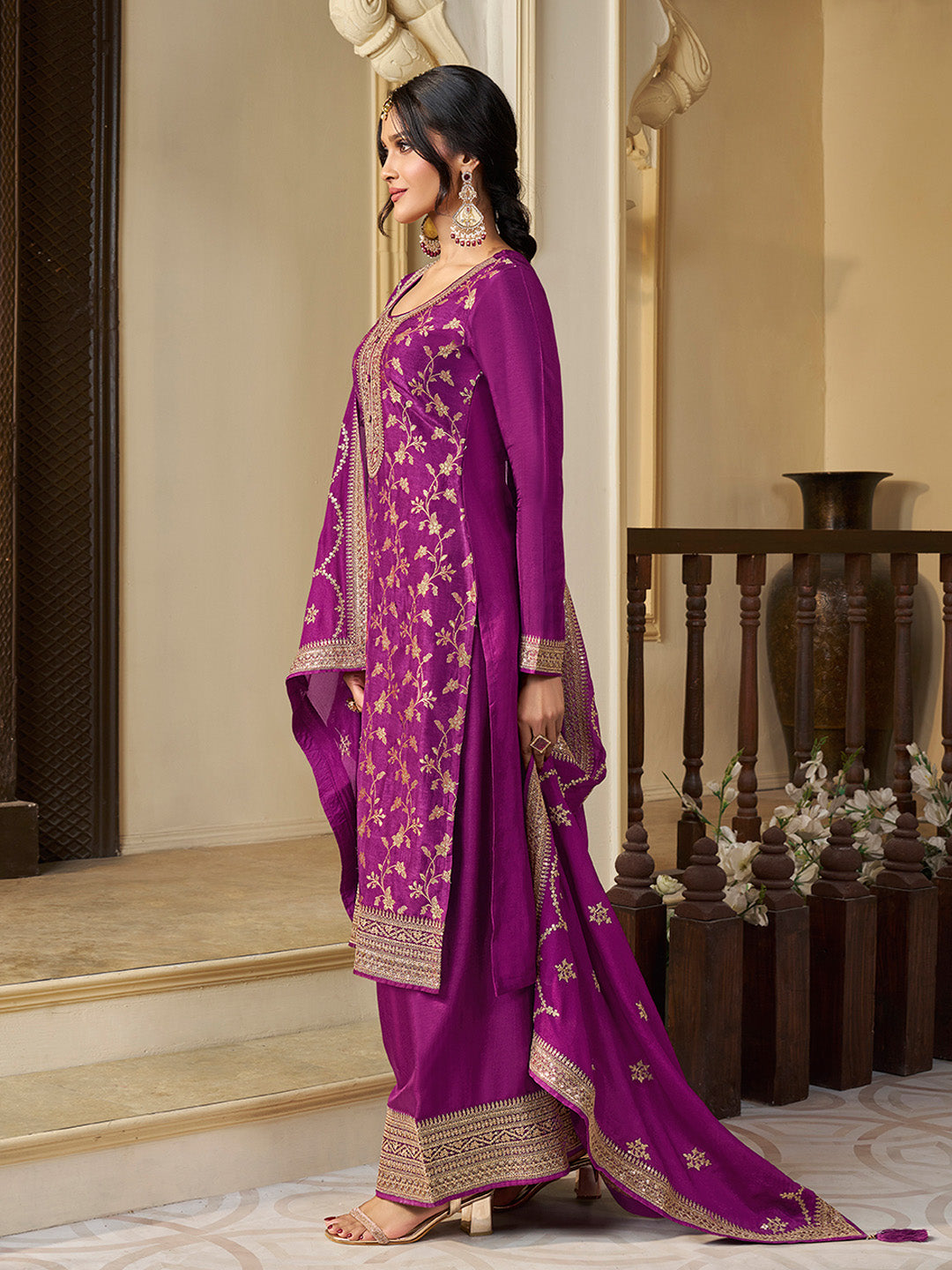 Purple Chinon Floral Jacquard Embroidered Top with Palazzo Suit Set