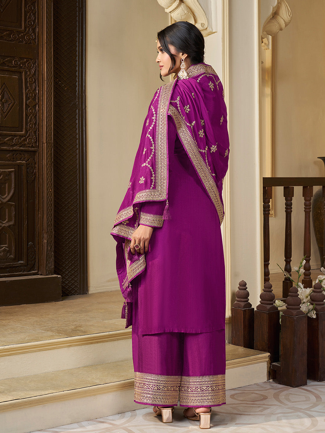 Purple Chinon Floral Jacquard Embroidered Top with Palazzo Suit Set