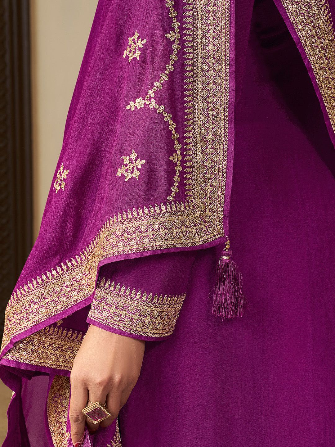 Purple Chinon Floral Jacquard Embroidered Top with Palazzo Suit Set