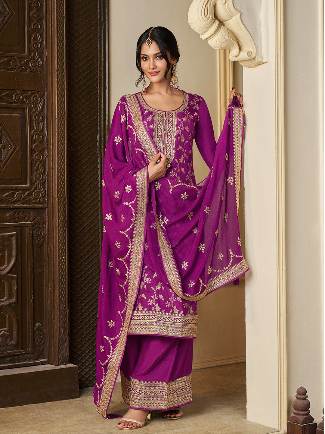 Purple Chinon Floral Jacquard Embroidered Top with Palazzo Suit Set