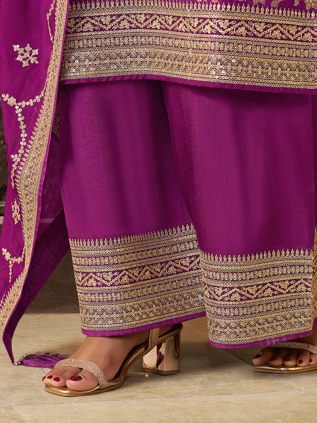 Purple Chinon Floral Jacquard Embroidered Top with Palazzo Suit Set