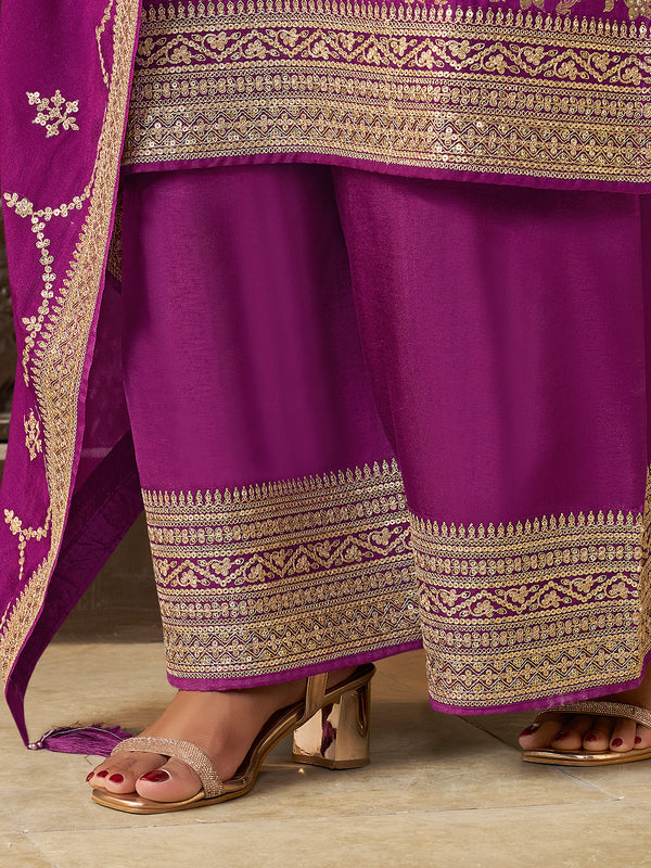 Purple Chinon Floral Jacquard Embroidered Top with Palazzo Suit Set