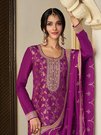 Purple Chinon Floral Jacquard Embroidered Top with Palazzo Suit Set