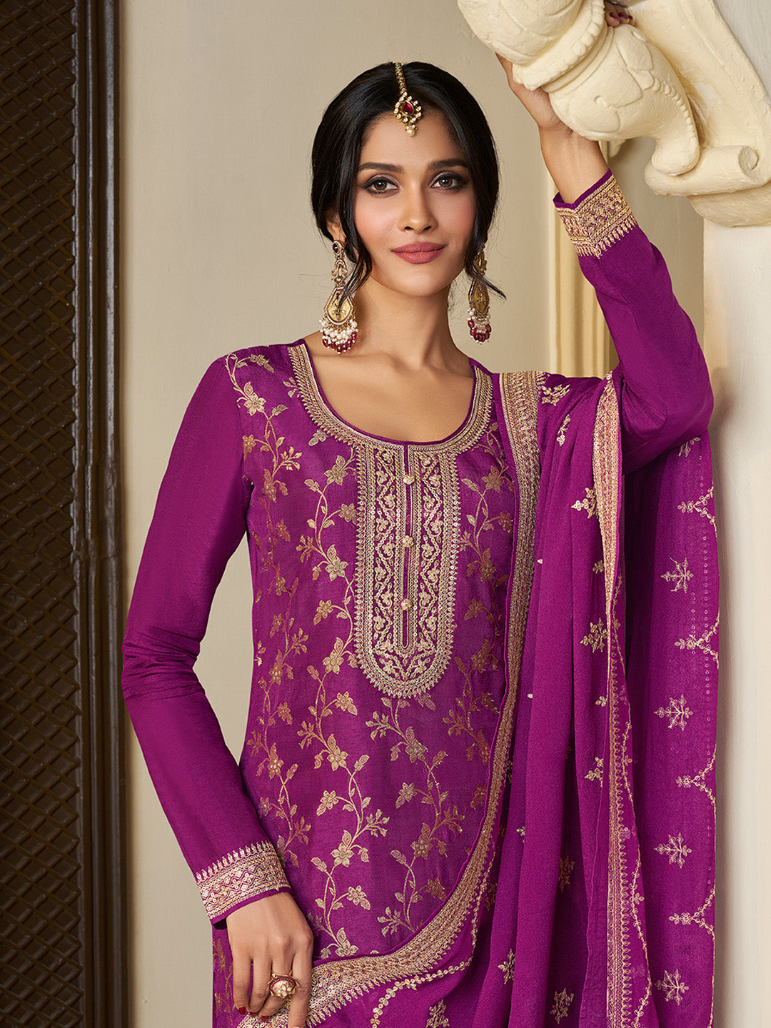 Purple Chinon Floral Jacquard Embroidered Top with Palazzo Suit Set