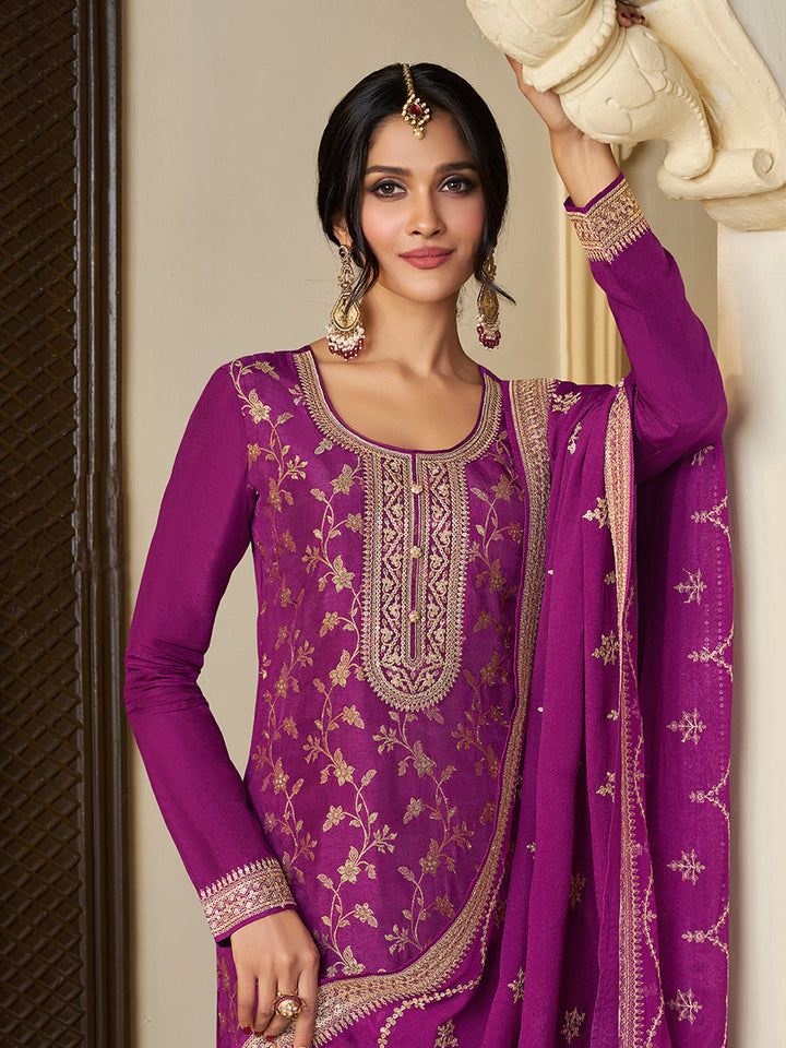 Purple Chinon Floral Jacquard Embroidered Top with Palazzo Suit Set
