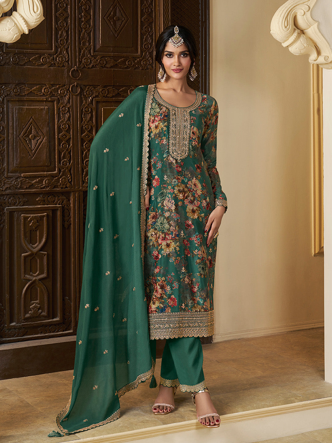 Green Chinon Floral Printed Top with Embroidery Kurta Suit Set