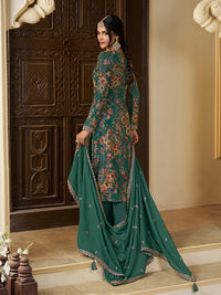 Green Chinon Floral Printed Top with Embroidery Kurta Suit Set
