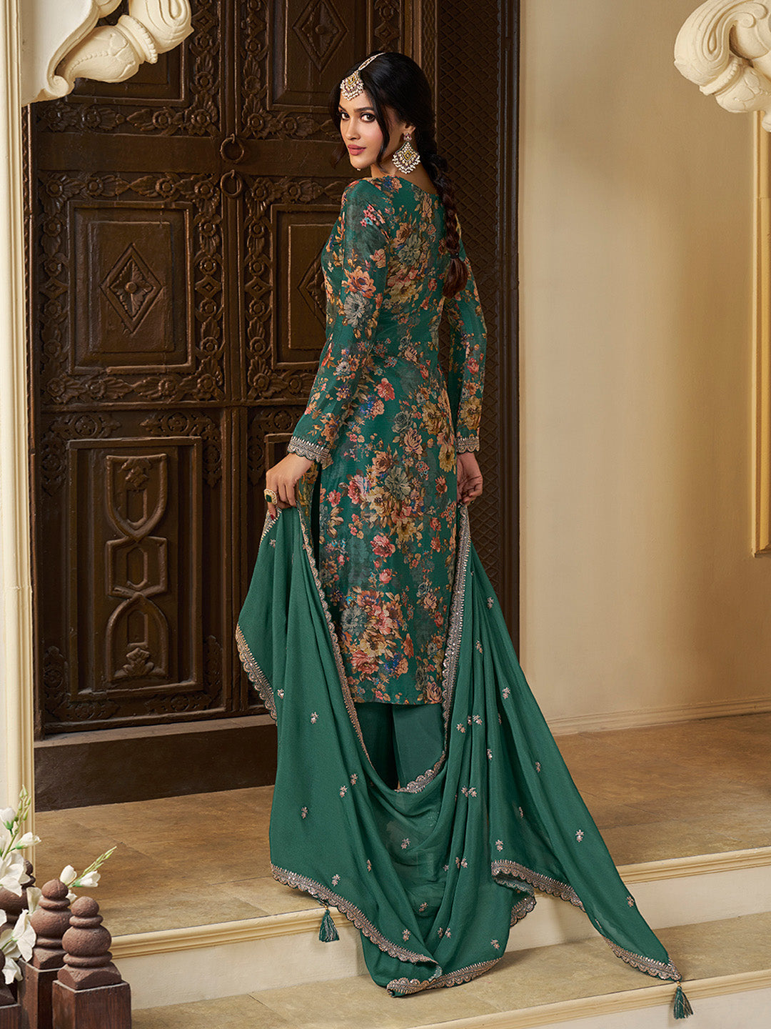 Green Chinon Floral Printed Top with Embroidery Kurta Suit Set